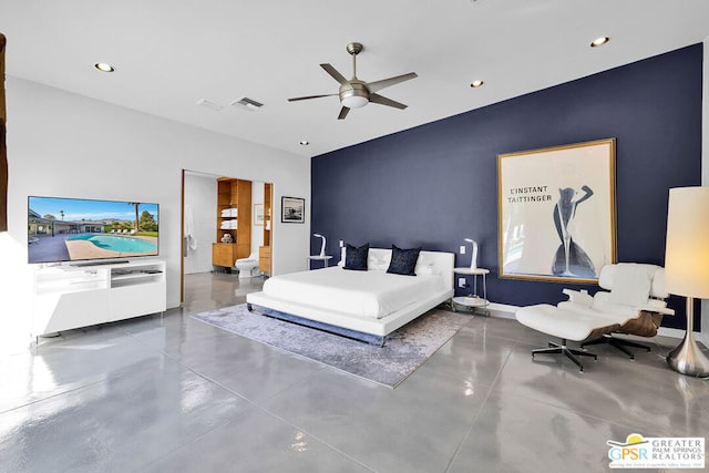 bedroom featuring concrete flooring, connected bathroom, and ceiling fan