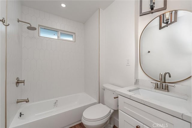 full bathroom with toilet, recessed lighting, vanity, and shower / bathtub combination