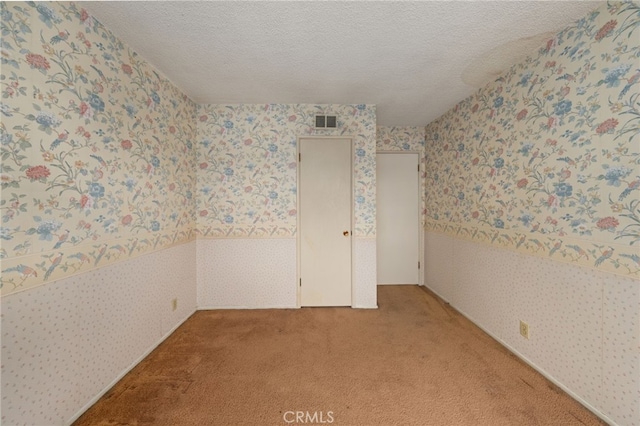 empty room with a textured ceiling and carpet flooring