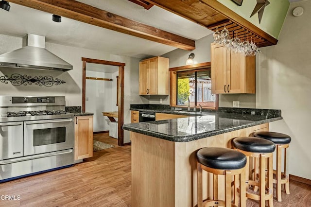 kitchen with wall chimney range hood, kitchen peninsula, a kitchen bar, and stainless steel gas stove