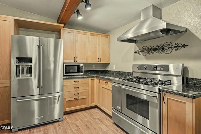 kitchen featuring rail lighting, lofted ceiling, exhaust hood, light hardwood / wood-style floors, and stainless steel appliances