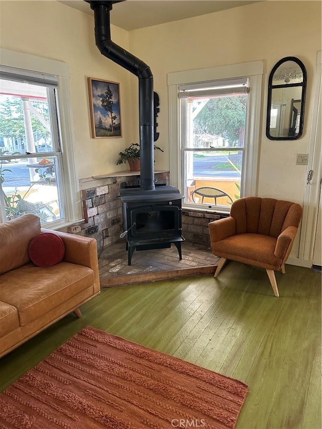 living area with wood-type flooring and a wood stove