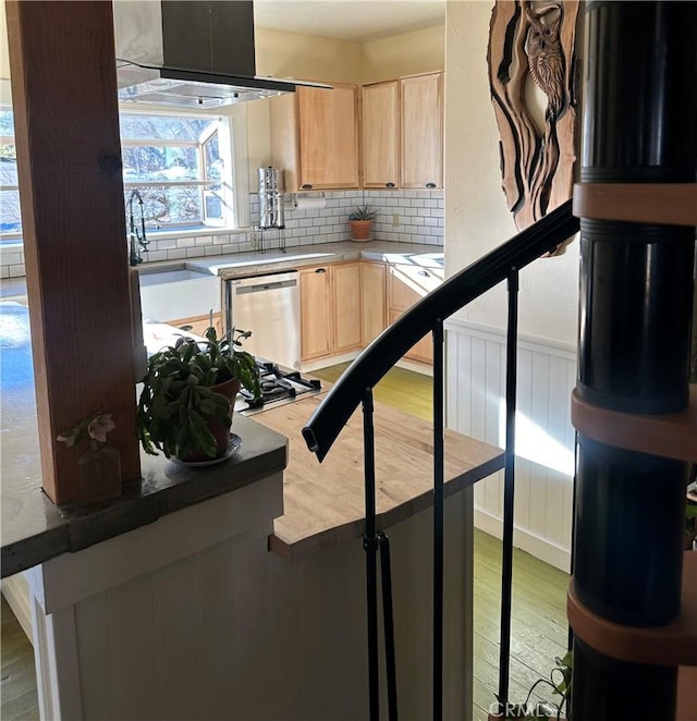 kitchen with sink, dishwasher, exhaust hood, and light brown cabinets