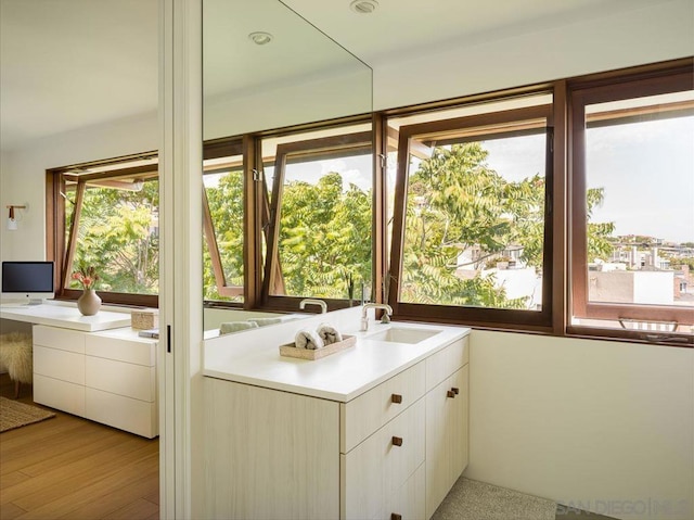 doorway featuring sink and light hardwood / wood-style floors