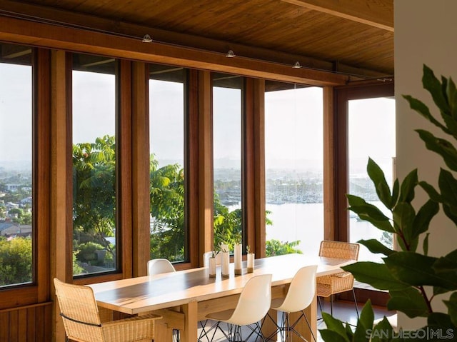 sunroom / solarium featuring plenty of natural light, wooden ceiling, and a water view