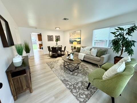 living room with plenty of natural light and light hardwood / wood-style floors