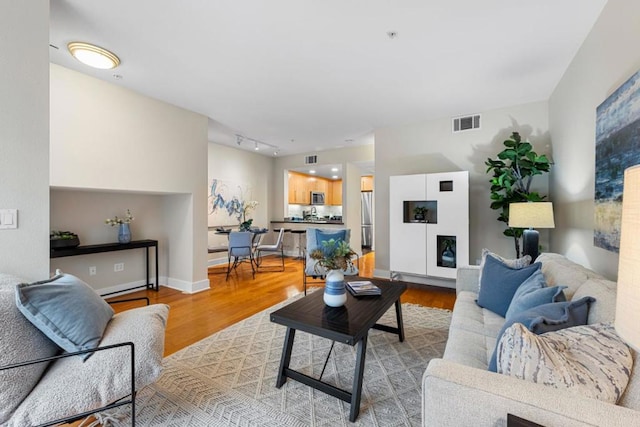 living room featuring rail lighting and light hardwood / wood-style floors