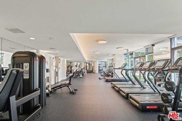 gym with a wall of windows