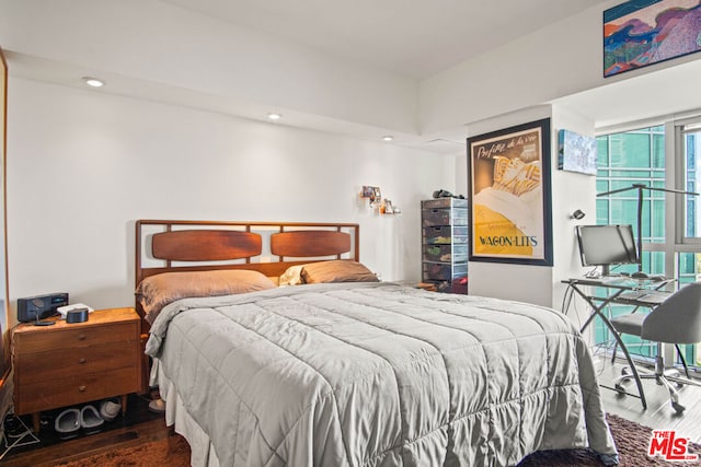 bedroom with dark hardwood / wood-style floors