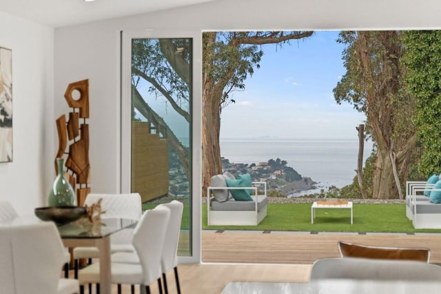 doorway featuring lofted ceiling, hardwood / wood-style floors, and a water view