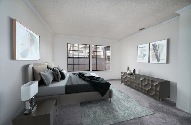 carpeted bedroom with ornamental molding and a textured ceiling