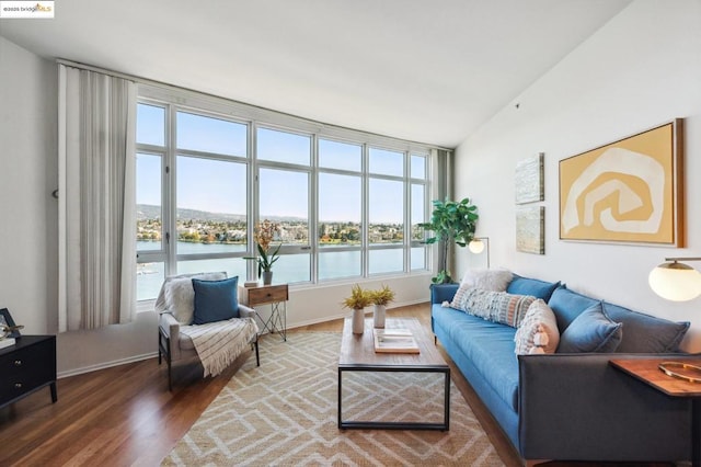 living room with hardwood / wood-style flooring, a water view, plenty of natural light, and lofted ceiling