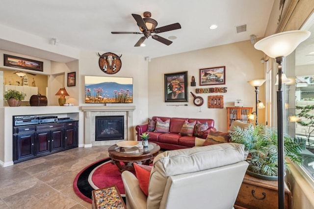 living room featuring ceiling fan