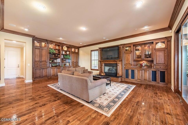 living room featuring crown molding and dark hardwood / wood-style floors