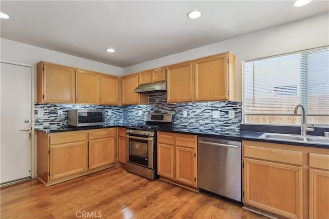 kitchen with appliances with stainless steel finishes, sink, backsplash, and light hardwood / wood-style flooring