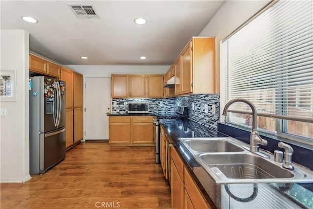 kitchen with sink, hardwood / wood-style flooring, stainless steel appliances, and backsplash