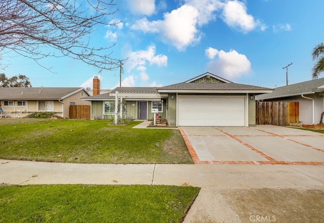 ranch-style home featuring a garage and a front lawn