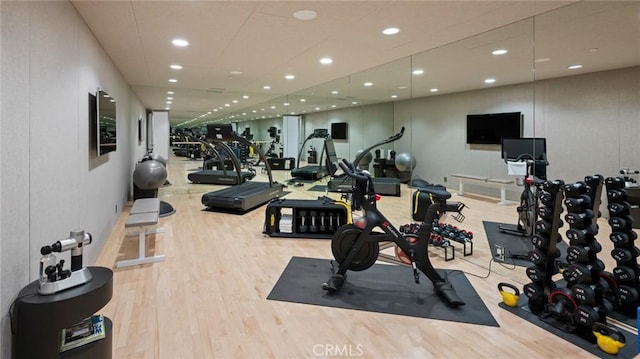 gym featuring light hardwood / wood-style flooring