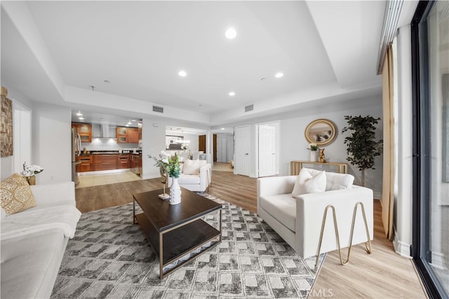 living room featuring a raised ceiling and light hardwood / wood-style flooring