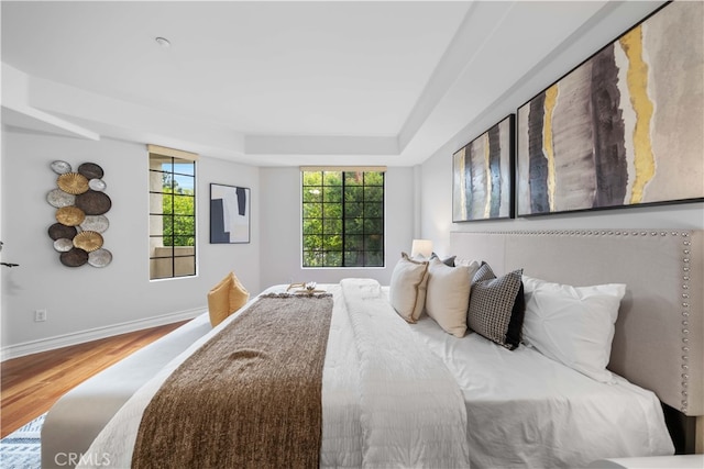 bedroom featuring hardwood / wood-style floors and a raised ceiling