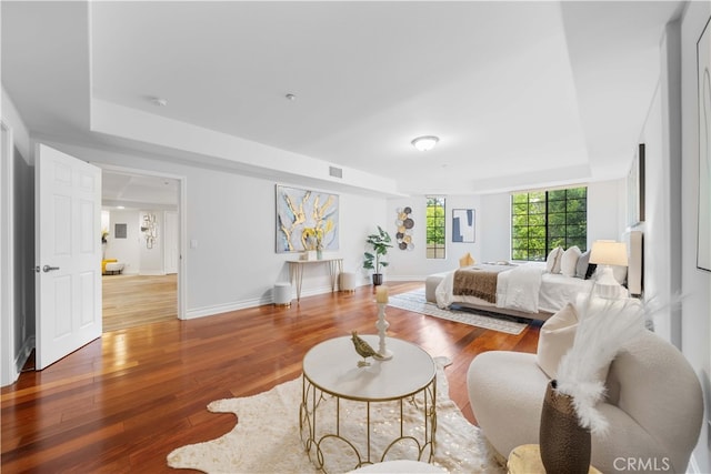 living room featuring wood-type flooring and a raised ceiling