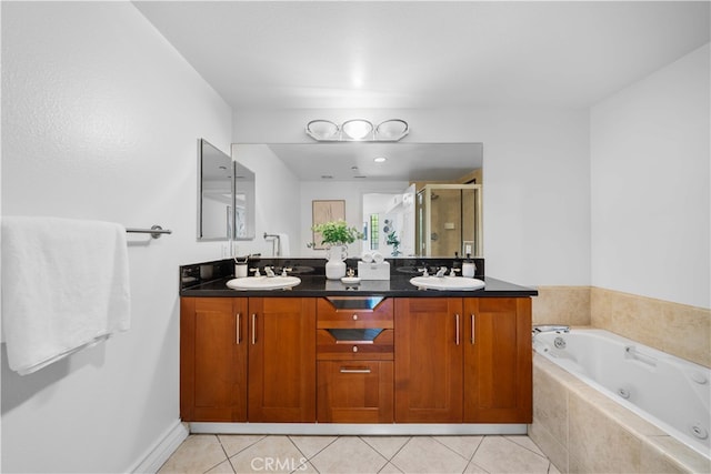 bathroom featuring tile patterned flooring, plus walk in shower, and vanity