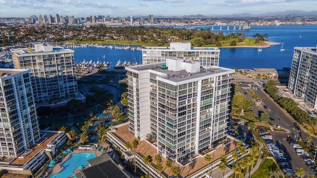 drone / aerial view with a water view