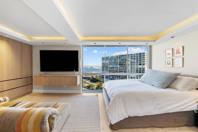 bedroom featuring floor to ceiling windows and a raised ceiling