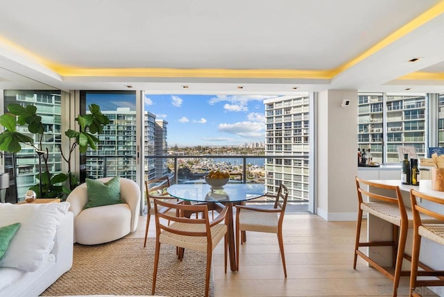 dining space featuring a wealth of natural light, expansive windows, a raised ceiling, and light wood-type flooring