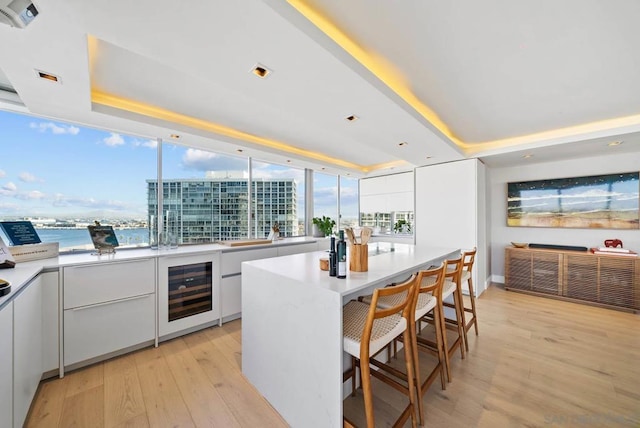 kitchen with a raised ceiling, white cabinets, and a water view