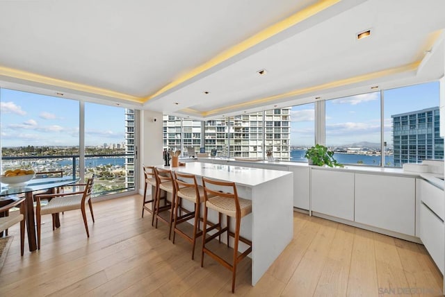 kitchen with white cabinetry, a center island, a water view, a tray ceiling, and light wood-type flooring