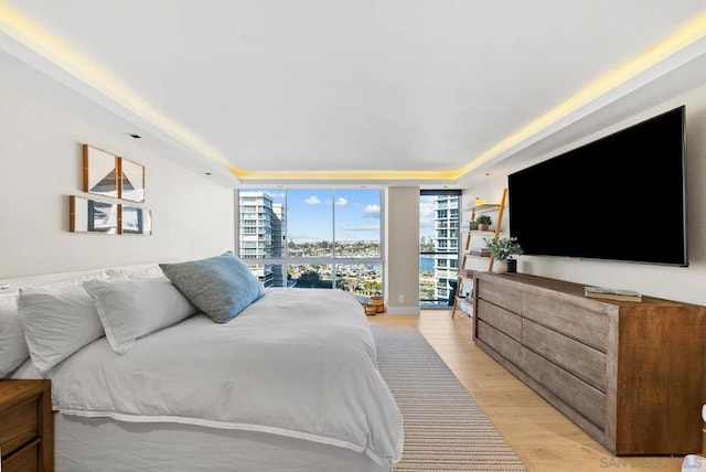 bedroom with floor to ceiling windows and light hardwood / wood-style flooring