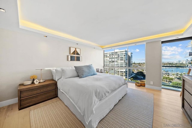 bedroom featuring a tray ceiling, light hardwood / wood-style floors, expansive windows, and a water view