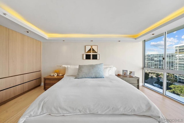 bedroom featuring expansive windows, light hardwood / wood-style floors, and a tray ceiling