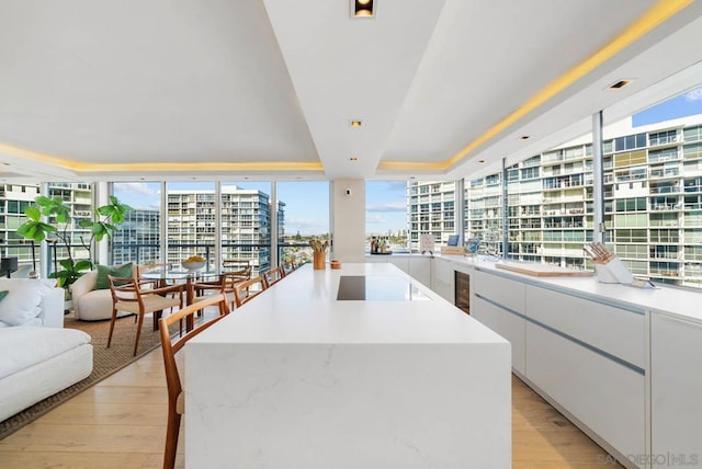 kitchen featuring white cabinetry, a tray ceiling, light hardwood / wood-style flooring, and a kitchen island