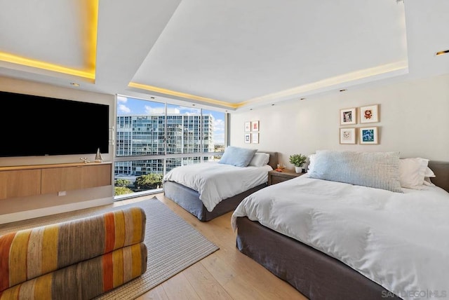 bedroom with light hardwood / wood-style flooring, a raised ceiling, and expansive windows