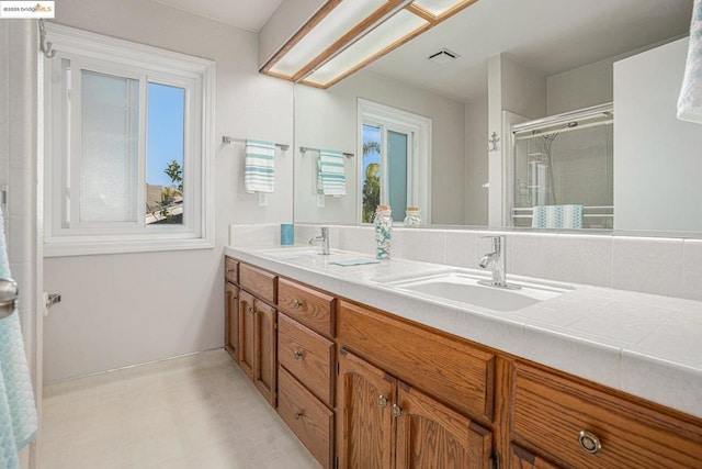 bathroom featuring vanity, plenty of natural light, and walk in shower