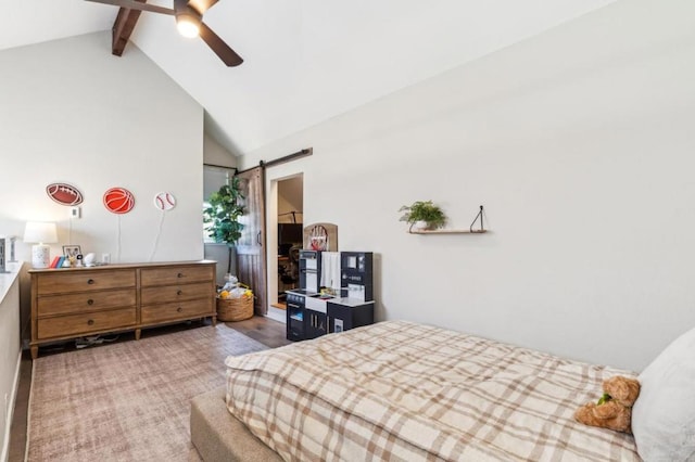 carpeted bedroom featuring ceiling fan, high vaulted ceiling, a barn door, and beamed ceiling