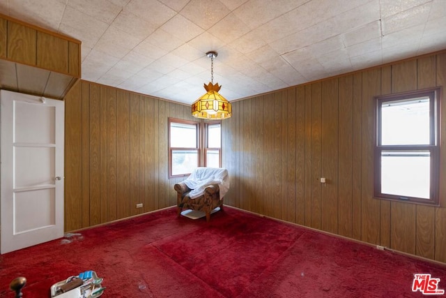 unfurnished dining area with carpet floors and wood walls