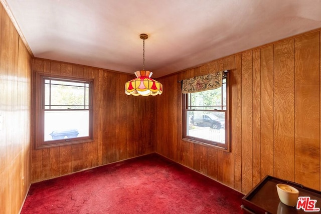 carpeted spare room featuring wooden walls