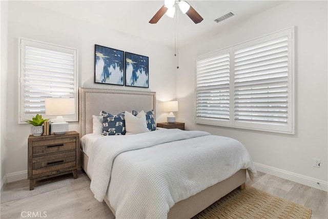 bedroom with ceiling fan and light wood-type flooring