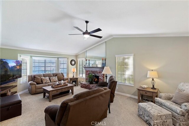 living room featuring crown molding, vaulted ceiling, light carpet, and a wealth of natural light