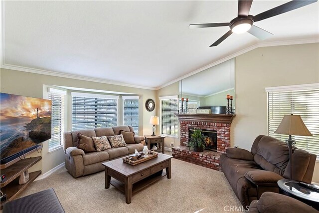 living room featuring a brick fireplace, crown molding, vaulted ceiling, and light colored carpet