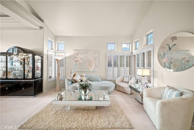 carpeted living room with high vaulted ceiling