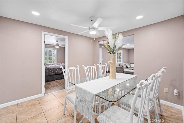 dining space featuring recessed lighting, light tile patterned flooring, ceiling fan, and baseboards