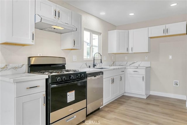 kitchen featuring white cabinetry, gas stove, and stainless steel dishwasher