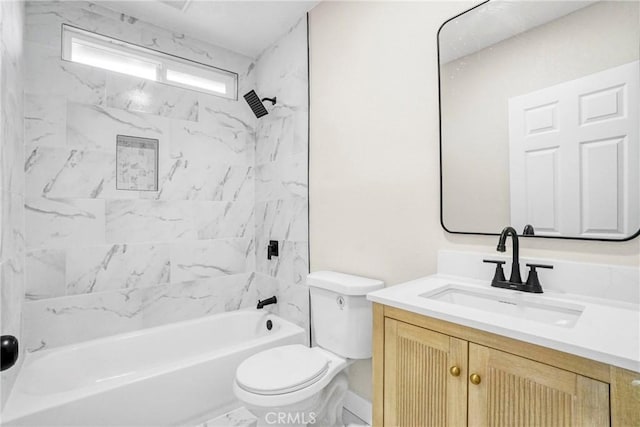 full bathroom with tiled shower / bath, vanity, and toilet