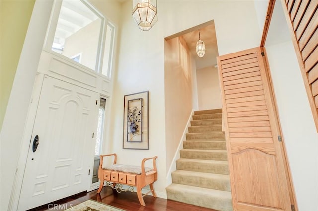 foyer with hardwood / wood-style flooring and a high ceiling