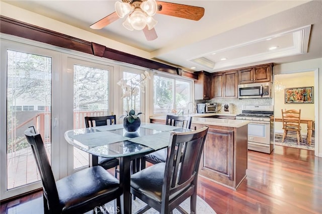 dining room with a raised ceiling, dark wood-type flooring, and ceiling fan