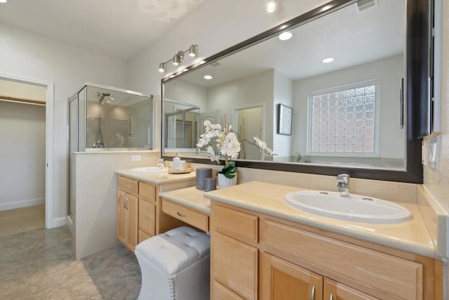 bathroom featuring vanity and a shower with door